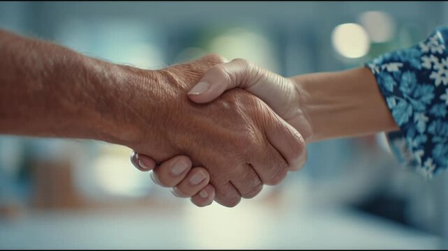 A warm and reassuring handshake between an older gentleman and a younger woman signifies trust partnership agreement collaboration and intergenerational connection in a modern setting