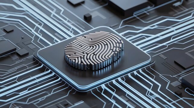 3D biometric fingerprint scanner on circuit &ndash; Perfect for forensic tech, secure access, or data encryption.