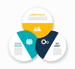 Three-circle Venn diagram infographic template with labeled sections and overlapping segments for business data visualization. Vector illustration.