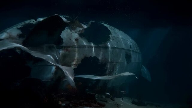 Slow tracking shot of manta rays gliding past rusted submerged spherical wreck on seabed in deep ocean at night