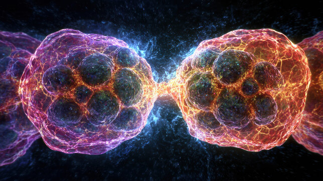 Cell division process scientific study digital illustration laboratory environment close-up view biological concept