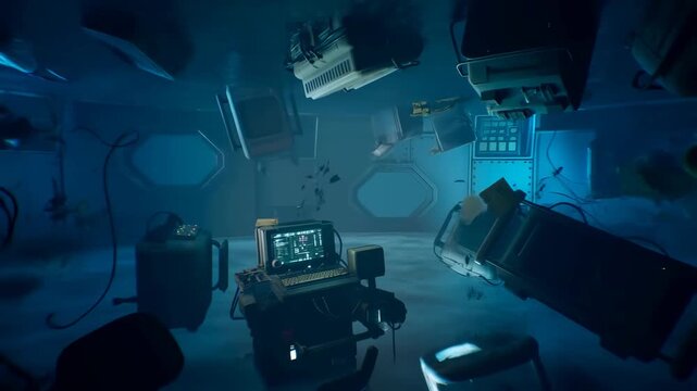 Tracking shot of submarine interior equipment floating and drifting in flooded control room inside sunken ocean hull