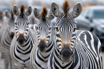 Fototapeta premium Zebras standing confidently in a line at a wildlife reserve during daylight hours