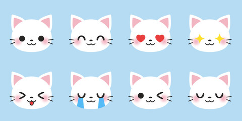 Fototapeta premium White cat icon collection. Kittens smile emoji symbol set. Simple cat head emoticon pictures. Vector illustration.
