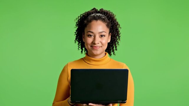 Smiling young african american woman holding laptop computer against green screen background for online education remote work and digital technology concept cutout