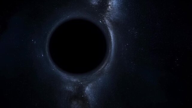Slow zoom shot of black hole singularity warping starlight in deep space with milky way backdrop and surrounding starfield