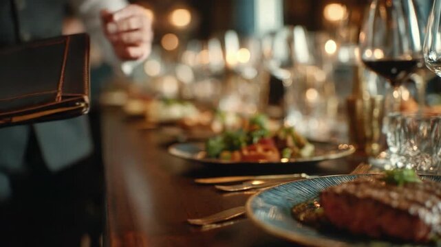 Culinary Symphony: a meticulously crafted table setting in a refined dining room, showcasing a tantalizing plate of grilled steak served with gourmet garnishes. A skilled waiter, impeccably dressed.
