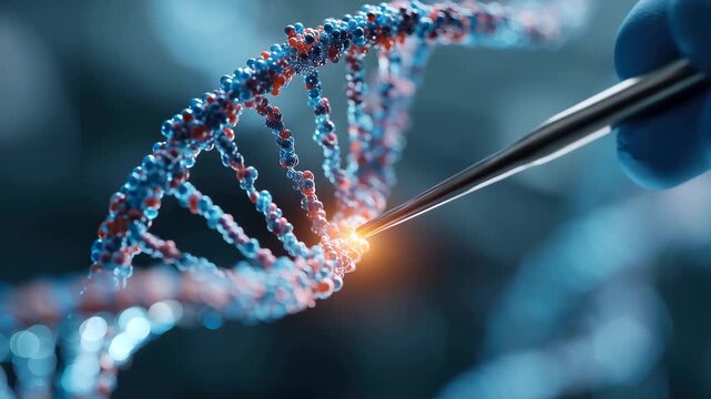 High-resolution closeup revealing precise CRISPR gene editing technique highlighting the interaction between tools and DNA strands in a laboratory setting
