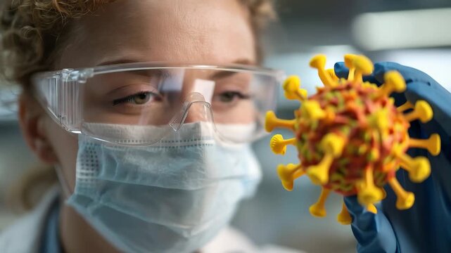 Close view of a female scientist analyzing a virus model in a lab setting during a research project focused on infectious diseases