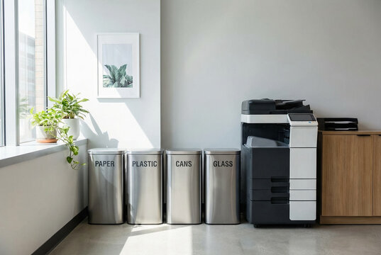 Office Recycling Area With Labeled Bins And Printer Setup