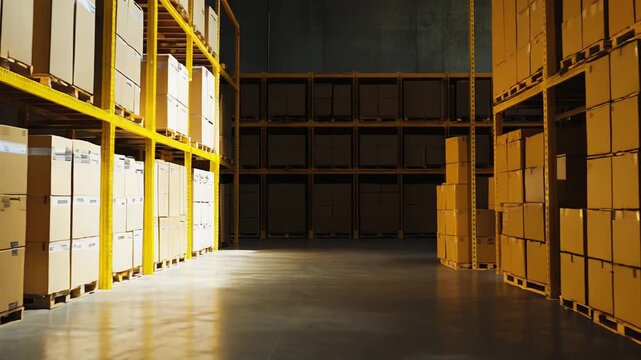 Industrial warehouse storing numerous cardboard packages on tall metal racks, highlighting efficient supply chain management, distribution, and global freight transportation