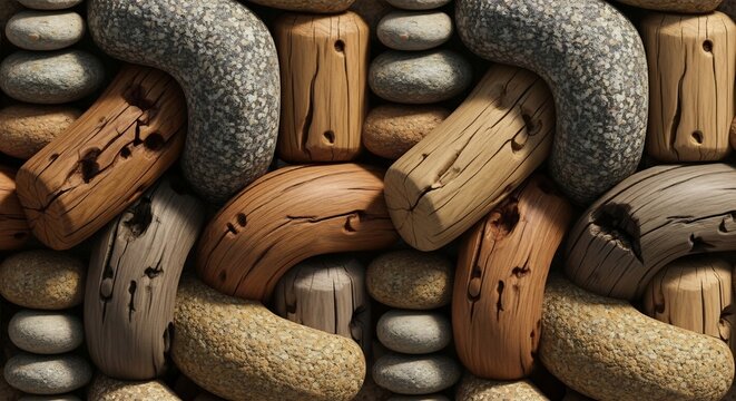Rustic Natural Texture of Driftwood and River Stones.