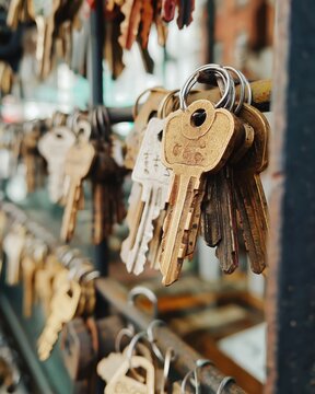 Bunch of old brass keys on a ring hanging in a locksmith shop display