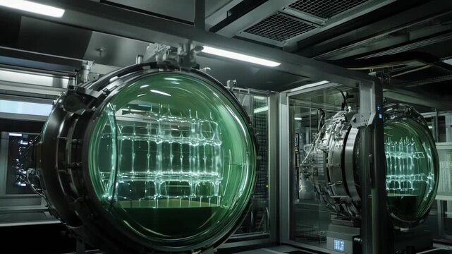 Advanced lab equipment with glowing green fluid and intricate internal structures, evoking high tech research, ai driven data processing and futuristic innovation systems