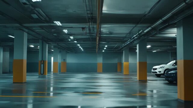 Empty underground parking garage with concrete support pillars and wet floor reflecting the glow of overhead fluorescent strip lights, creating an atmospheric and spacious scene