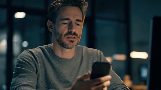 User shows concern while looking at phone notification late at night in a dimly lit room with a computer