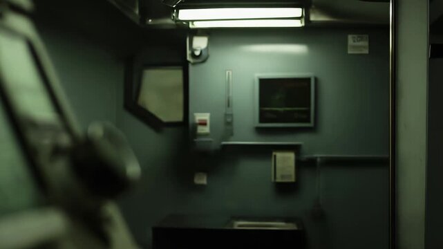 Industrial control panel displaying data in a dimly lit, high tech interior, signaling operations, progress, and monitoring in a secure command center setting