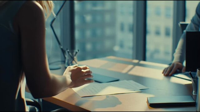 Business meeting in a modern office hands reaching across a desk to exchange documents signifying collaboration and agreement on important business matters