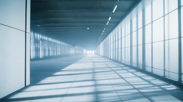Empty sleek architectural hallway featuring parallel walls with natural light and artificial illumination creating strong shadows on the tiled floor, suggesting a path forward or progression