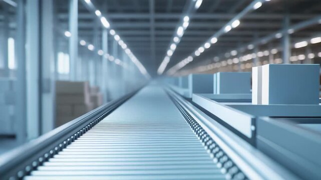 Automated conveyor carrying blue package boxes along a modern rollers line, illustrating efficient logistics, distribution, and manufacturing processes in an industrial warehouse setting