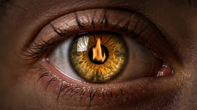 Extreme close-up of a human eye with a burning flame reflected in the iris