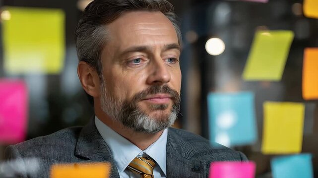 Businessman reflects on creative ideas displayed on colorful sticky notes in a modern office setting during working hours