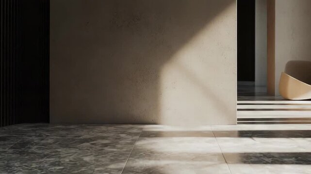 Minimalist interior architecture providing a harmonious atmosphere, with warm sunbeams creating striking shadows and reflections on the textured concrete floor