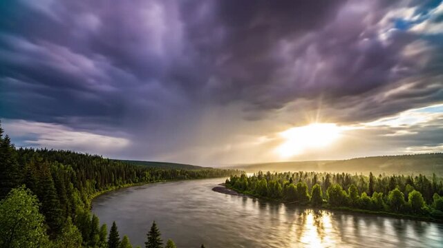 Dramatic moody view of river and forest beneath purple rain clouds and golden sunlight landscape