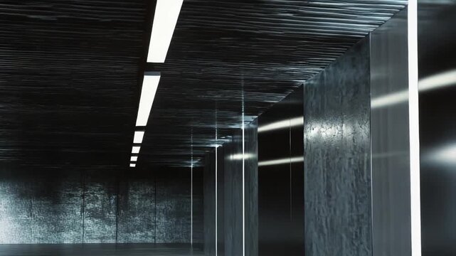 Empty concrete and metal interior presenting a modern industrial hallway leading to a dark future, highlighted by bright linear lights creating a dynamic sense of depth and perspective