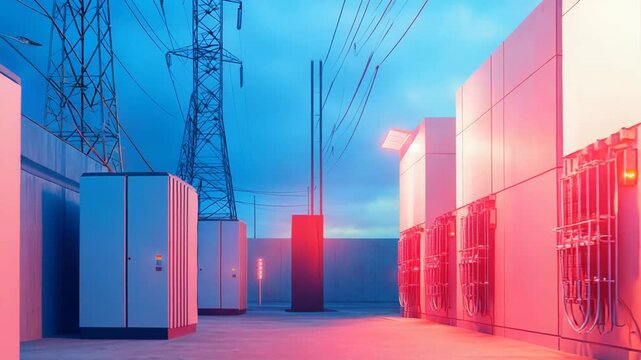 Electrical substation with battery storage units and rows of high voltage power lines illuminated by a vibrant glow, depicting modern energy distribution infrastructure