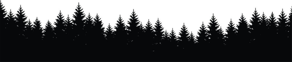 Silhouette vector of dense coniferous forest with pine and fir trees, natural evergreen woodland design for landscape and nature illustration © Ariful