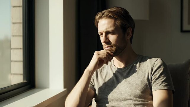 Pensive Young Man Looking Out Window at Sunset
