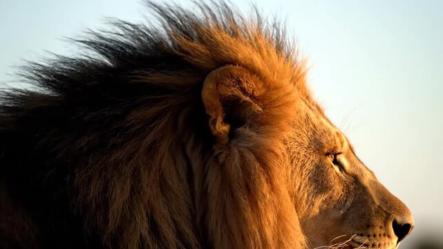 A majestic lion stands in profile against a golden sunset, its mane glowing warmly as it gazes into the distance with calm intensity.
