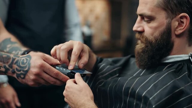 Customer uses credit card at the barber for a wireless payment during a grooming session in a stylish barbershop