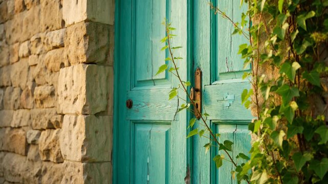 A blue wooden door with ivy against a stone wall in soft sunlight. A whimsical shot of rustic charm and old-world character. Architectural detail, rural living, Mediterranean style.
