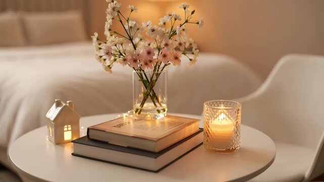 Flowers, books, and candle on a table in a bedroom. A still life composition evoking comfort and calm. Cozy home, soft lighting, relaxed atmosphere.