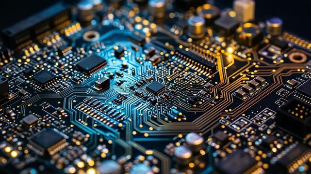 Detailed close-up of a complex electronic circuit board with glowing pathways