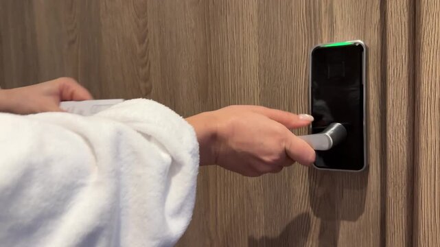 Woman taps keycard to hotel door lock, opens room entry, evening stay access with soft beep.