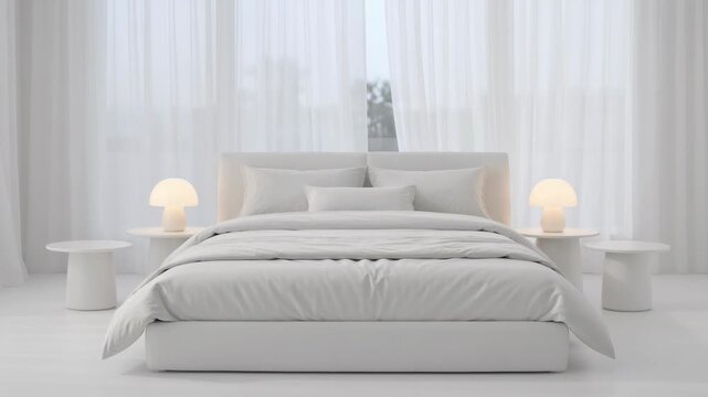 Minimalist bedroom with white bedding and side tables, illuminated by lamps. A calming, clean, modern interior design. Serene atmosphere, luxurious living, restful sleep.