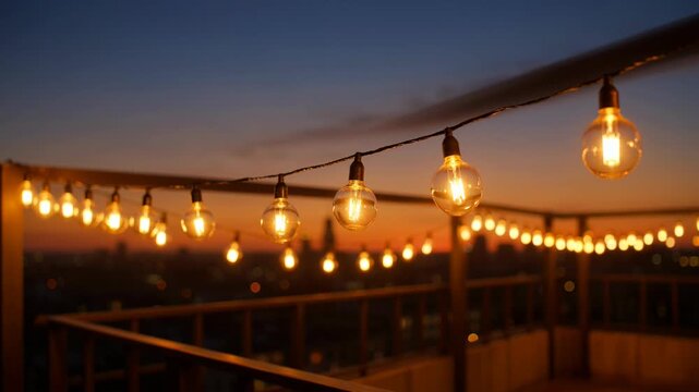 Decorative string lights hanging on a rooftop at sunset. A serene and cozy evening scene. Cityscape view, festive mood, outdoor celebration.