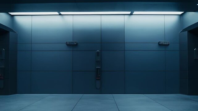 Empty hi tech laboratory interior with minimalist panels, glowing blue neon lighting and sterile, spacious corridors evoking futuristic research, data center or sci fi facility ambiance