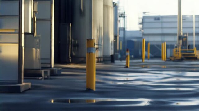 Yellow protective bollards with red and white reflective stripes lining an outdoor industrial facility, ensuring safety and traffic control within the secure work environment