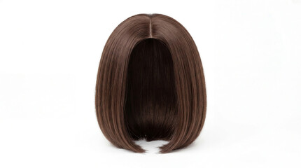 Naklejka premium Lustrous brown bob wig with a precise middle part, showcasing a sleek and classic hair style on a pristine white background