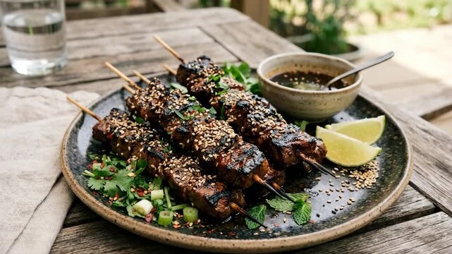Marinated beef skewers seasoned with sesame seeds served with dipping sauce and lime wedges