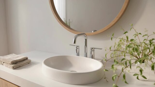 Modern bathroom interior with counter and mirror. A bright, spa-like atmosphere of relaxation and style. Serene design, minimalist decor, tranquil space.