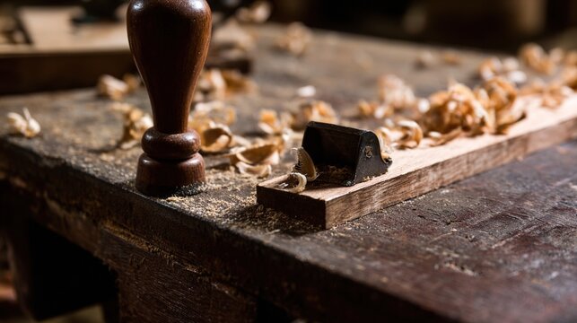 jointer. Close-up of a woodworking blade pressing against a wooden board, creating shavings. safety posters, maintenance manuals, designed for precision metalworking and fabrication facilities.