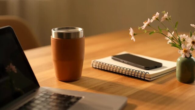 Laptop, mug, flowers, notepad, and cellphone on desk. A warm, inviting shot of productivity and calm. Work from home, desk decor, peaceful workspace.