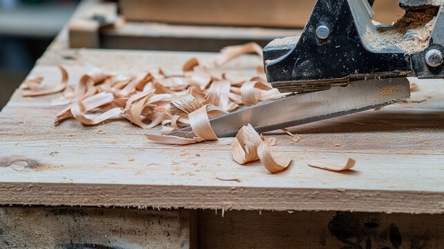 jointer. Close-up of a woodworking blade pressing against a wooden board, creating shavings. safety posters, maintenance manuals, designed for precision metalworking and fabrication facilities.