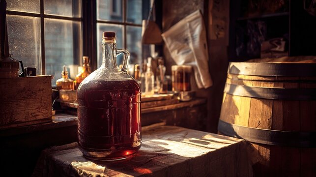 carboy. A glass carboy filled with dark liquid in a rustic workshop. safety posters, maintenance manuals, designed for precision metalworking and fabrication facilities, used by engineers.