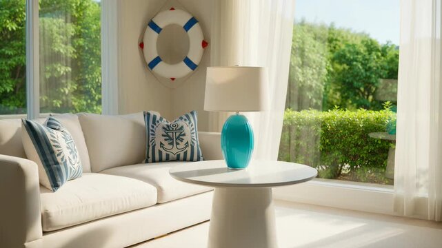Bright coastal living room interior with white sofa and turquoise lamp. A serene, high-key shot capturing light and space. Peaceful retreat, nautical theme, summer interior.